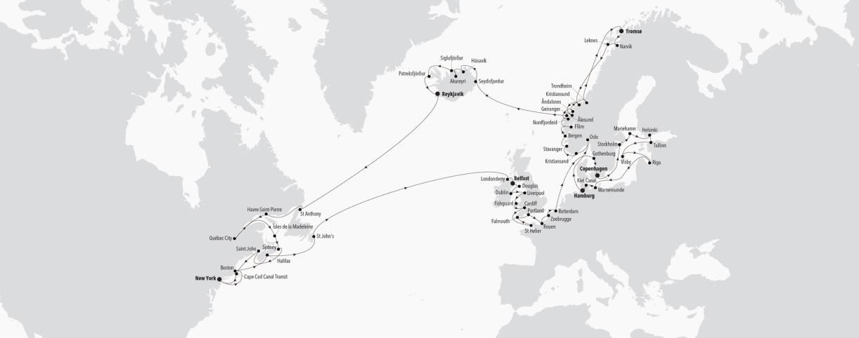 Grand Voyage North Atlantic & Northern Europe, Roundtrip from New York Itinerary Map