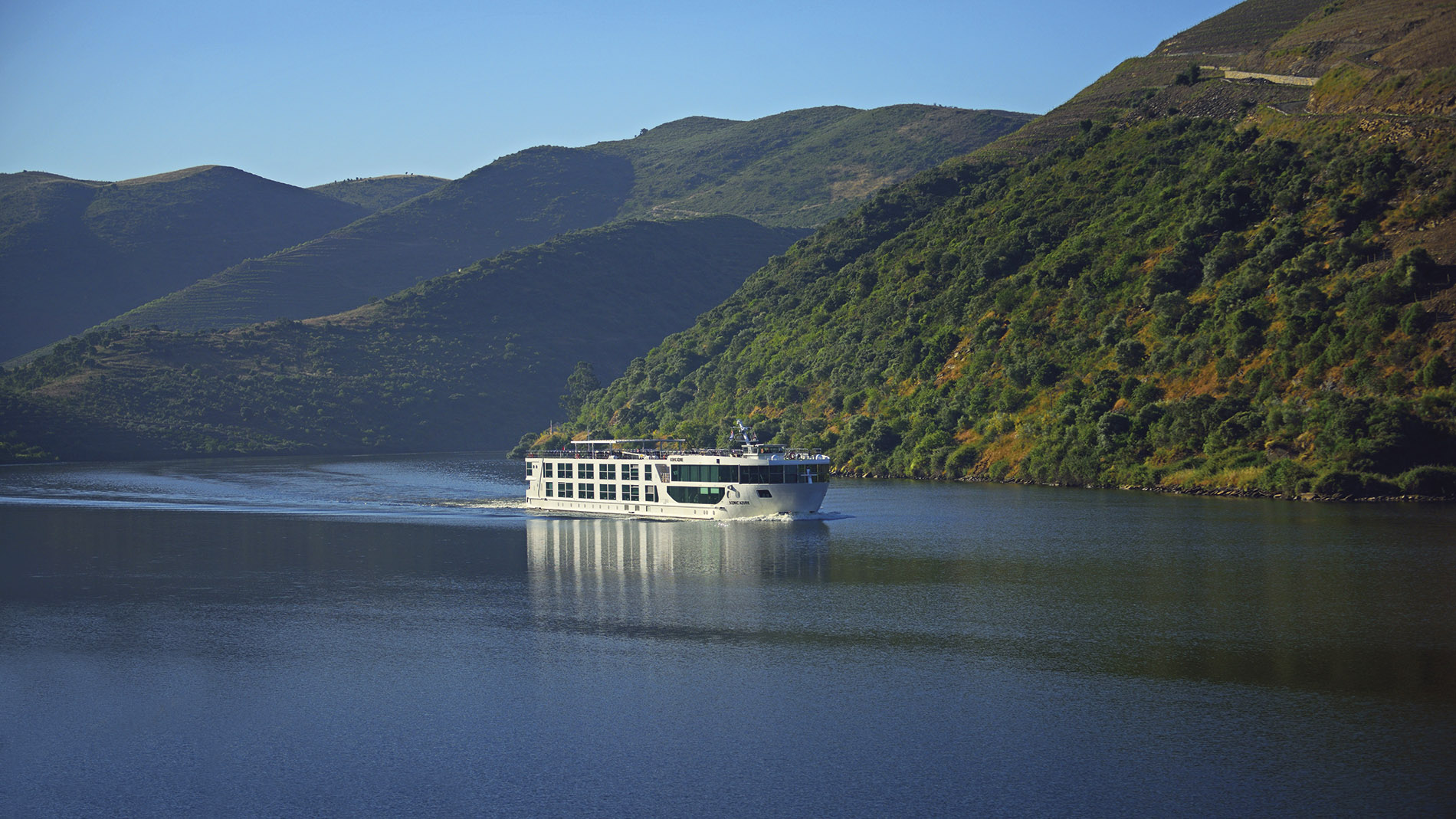 Exterior view of Scenic Azure sailing the Douro